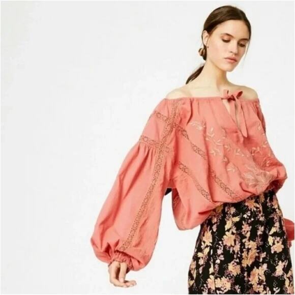 Free People Boho Long Sleeve Blouse-  Maria Lace Embroidered Terracotta- Large - Picture 3 of 15